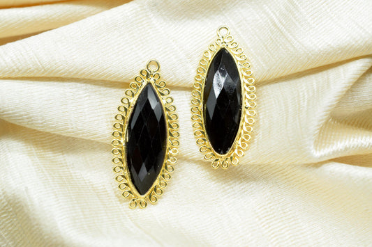 Black Onyx 10x30mm Marquise Bezel Charms,Single Bail Pendant,Handmade Jewellery Connectors,long charms,Gemstone Brass Component,Bday Gift