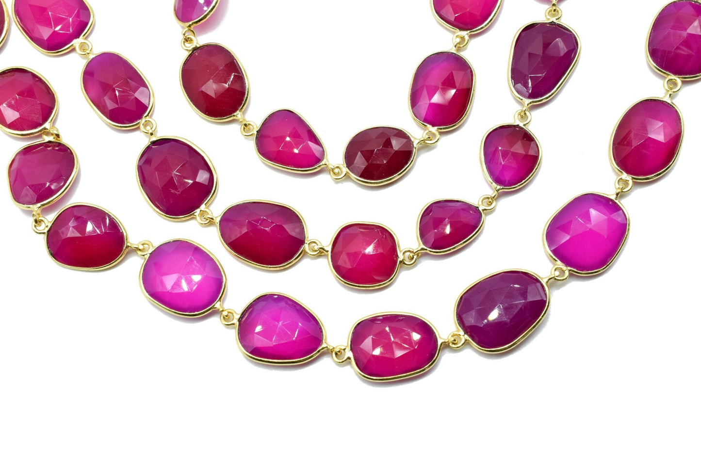 Hot Pink Chalcedony Gold Plated Bezel Connector Chain,Pink Chalcedony connector chain,Free shape bezel connector chain,Bezel Station Chains