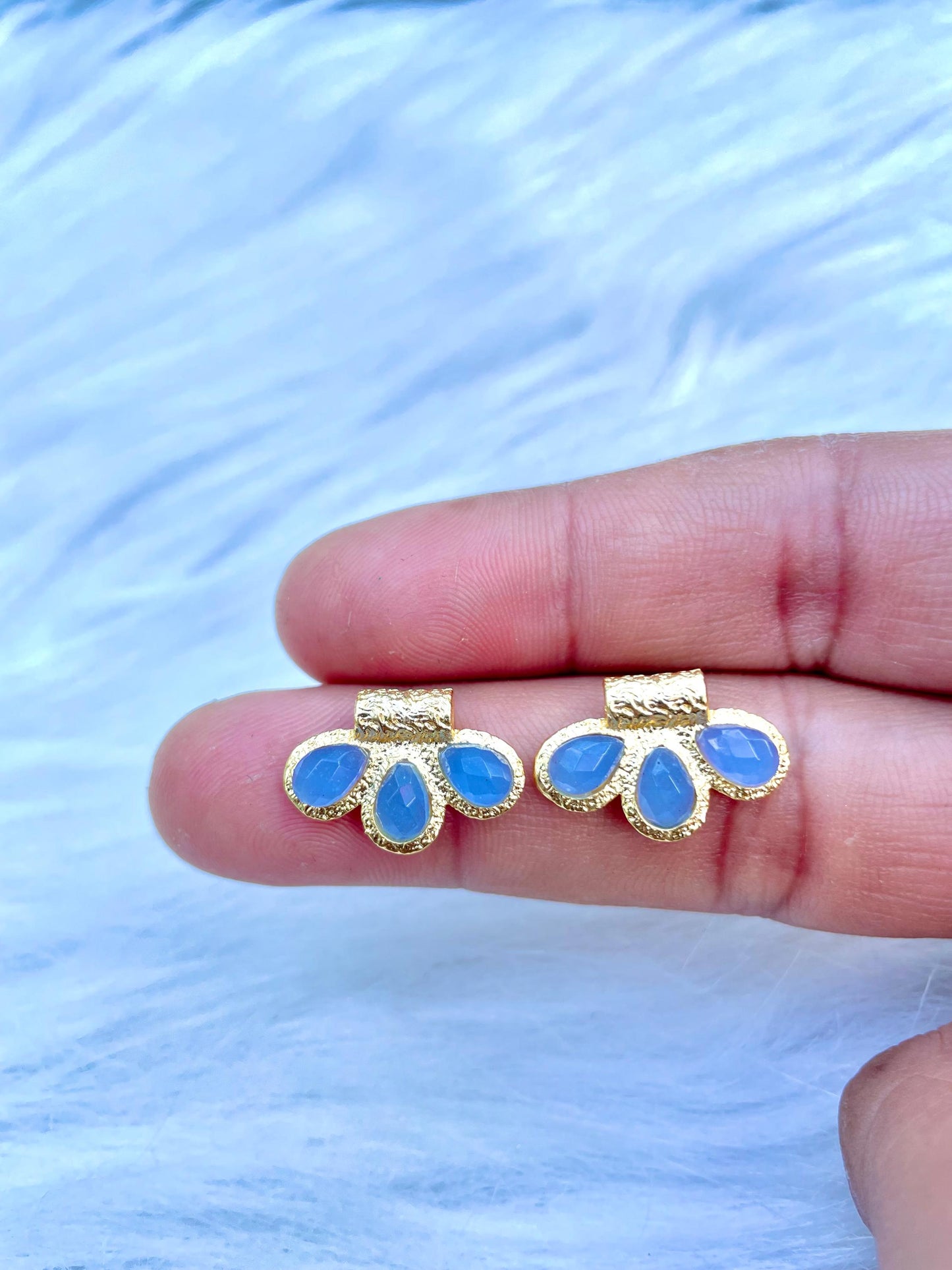 Blue Chalcedony Connector Charms/Gold Plated Pendant/Handmade Jewelry/Three stone Pendant/Women Jewelry/Brass Connector Jewellery/Bday Gift
