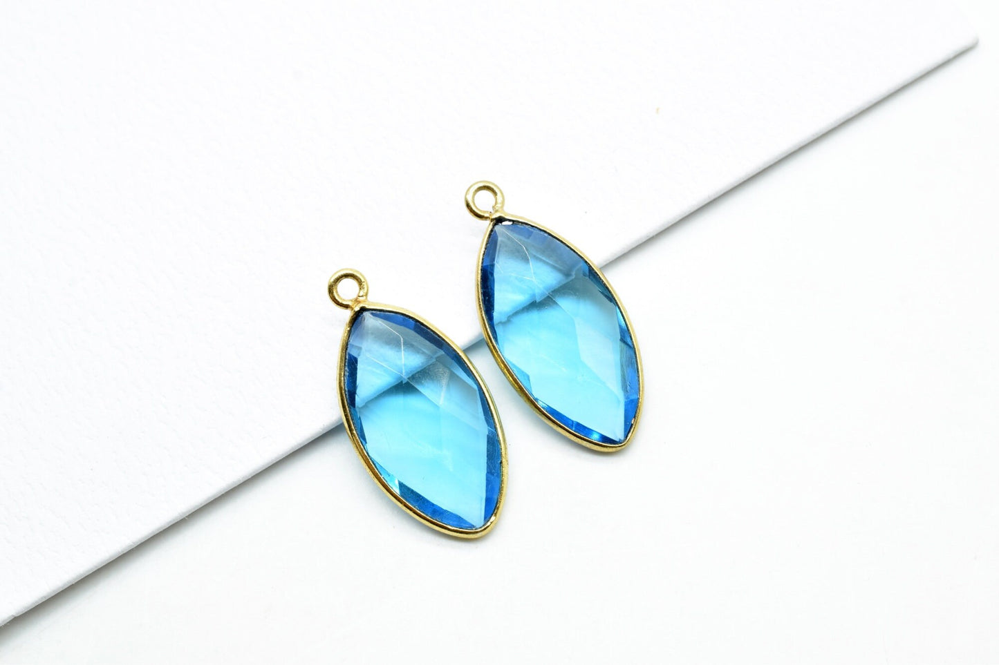 London Blue Topaz 10x20mm Marquise shape charm,Brass Gold Plated bezel,Blue Topaz Faceted Briolette Connector,Topaz Bezel Pendant,Blue Topaz