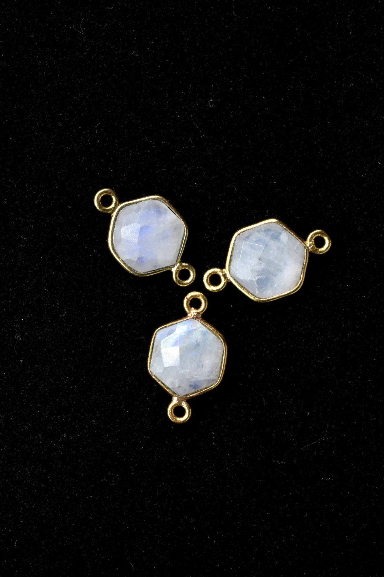Moonstone 10mm Hexagon shape Double loop connectors,Moonstone Pendant,White Rainbow bezel link,Gemstone Hexagonal Cone Charm,Minimal Stone