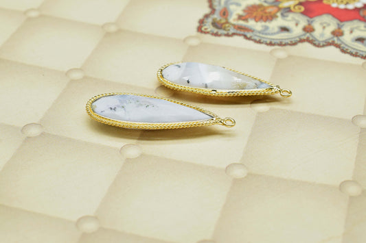 Dendrite Opal Faceted gemstone 10x30mm Pear Shape charms,Dendrite Opal Gemstone Bezel jewelry making,Dendrite Opal Gold Plated bezel,Gift