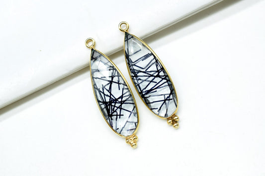 Black Rutile Quartz 10x30mm Bezel charms,Black Rutile Pendants,Jewelry making Connectors,Gemstone Bezel Connectors,Designer Bezel charms,