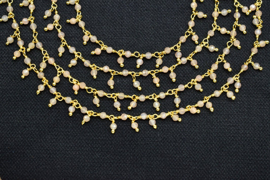 Peach moonstone Cluster Rosary Chain,Gemstone Chain,Wire Wrapped Necklace Chain,Peach Dangling Faceted Chain,Handmade Station Link Jewelry