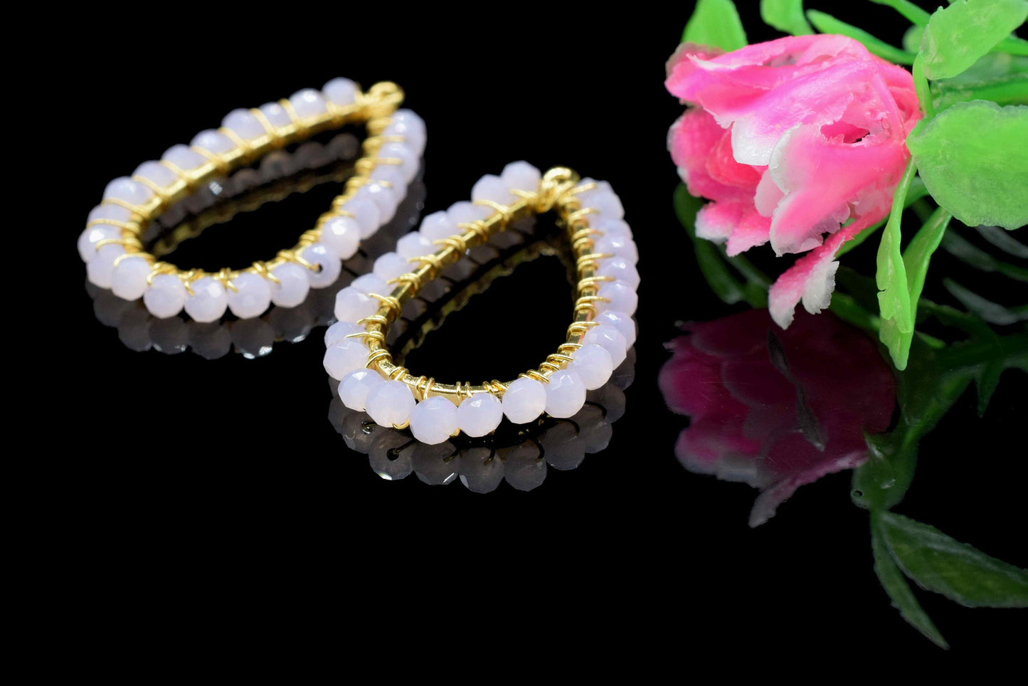 Pink Chalcedony Beaded Earring,Gemstone Components,Handmade Earring,Dangle Earring Components,Findings Earring Components- Connector Jewelry