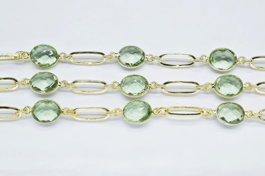 Green Amethyst link Chain,Green amethyst Bezel Chain,Amethyst Craft Rosary Connectors Chain,Jewelry, Brass Gold Plated Wire Wrap Chain