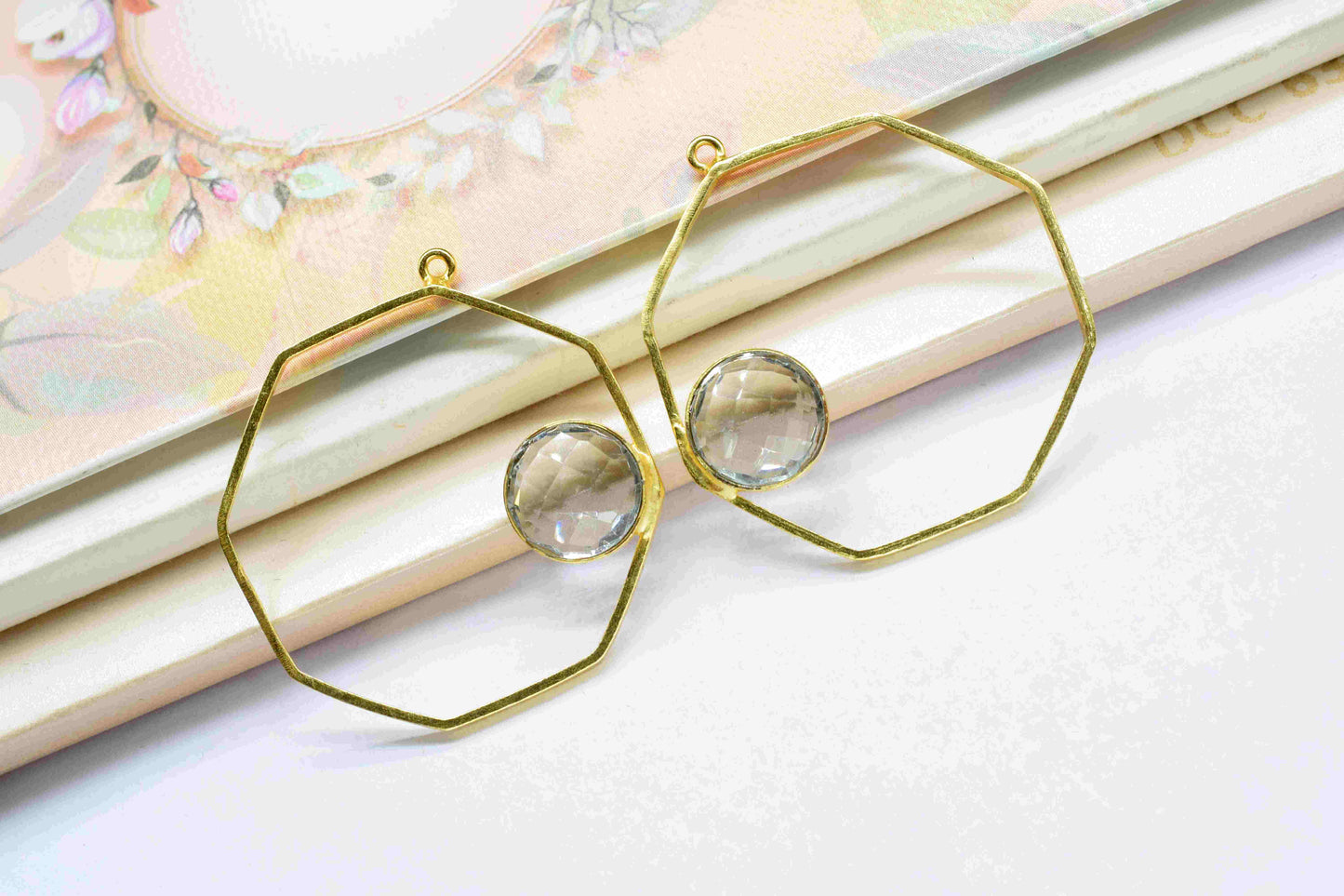 Crystal Quartz Component 32mm Hexagon Shape Pendant Jewelry,Crystal 10mm Round Shape Pendants,Finding Gold Plated Connector,Pendant Jewelry