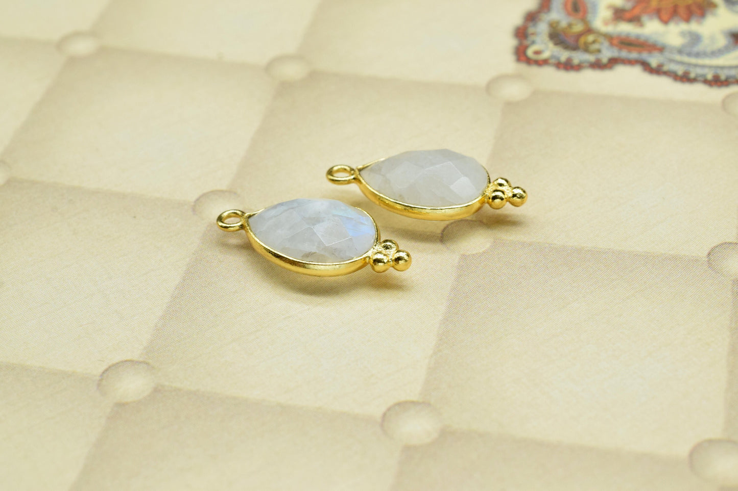 Rainbow Moonstone 10x14mm Pear Shape Connector,Moonstone Gold Plated Bezel Jewelry Making Charm,Moonstone Teardrop Single Bail Pendant,Gift