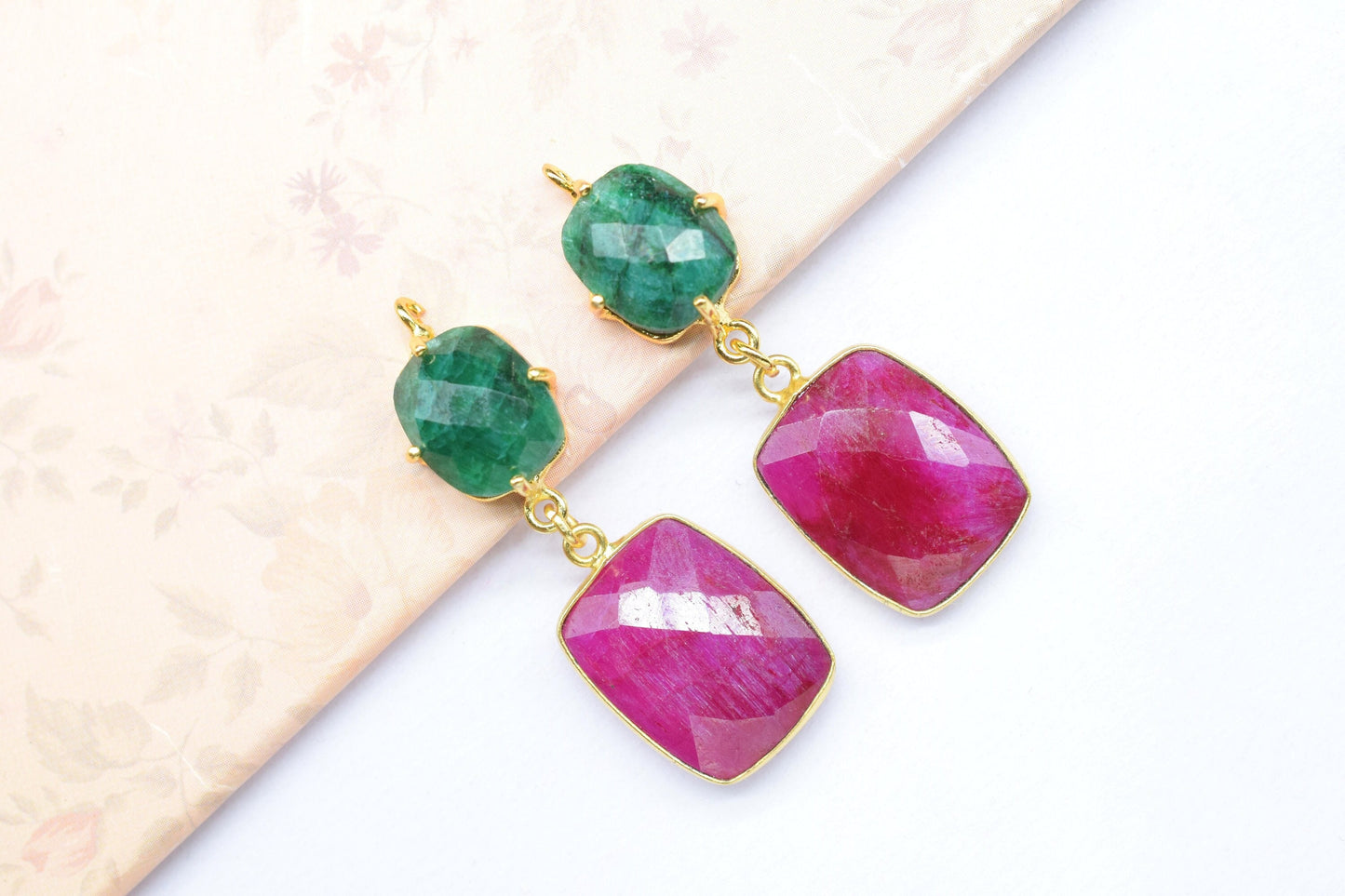 Natural Emerald Prong Setting Bezel Charm/Ruby Connector/Earring Connector/Multi Stone Pendant/Station Bezel Link/Handmade Pendant/Gift