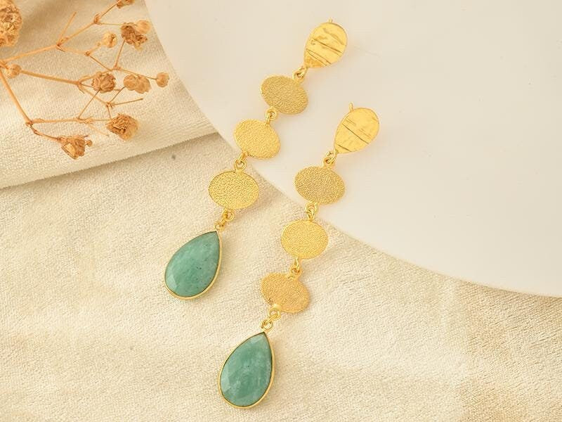 Amazonite Dangle Earring/Gold Plated Earring/Amazonite  Gold Plated Earring/Wedding Jewelry/Texture Gold Plated Earring/Long Earring/Gift