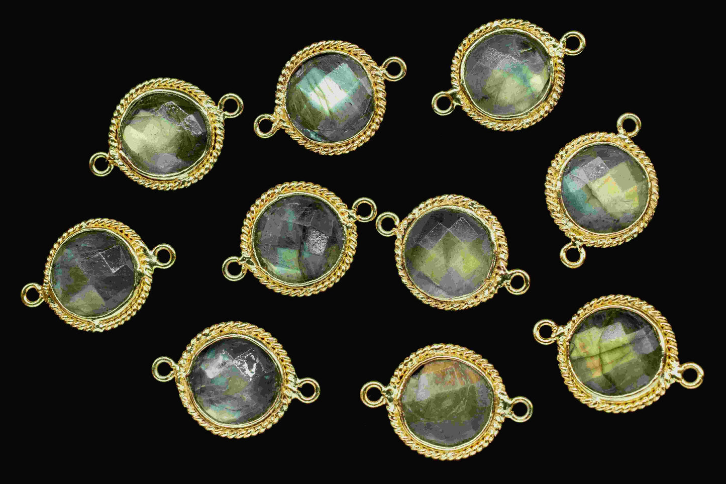 Labradorite 10mm Round Double Bail Connectors,Faceted Labradorite Gemstone Charms,Labradorite Bezels Charms,Round Shape Pendants Connectors