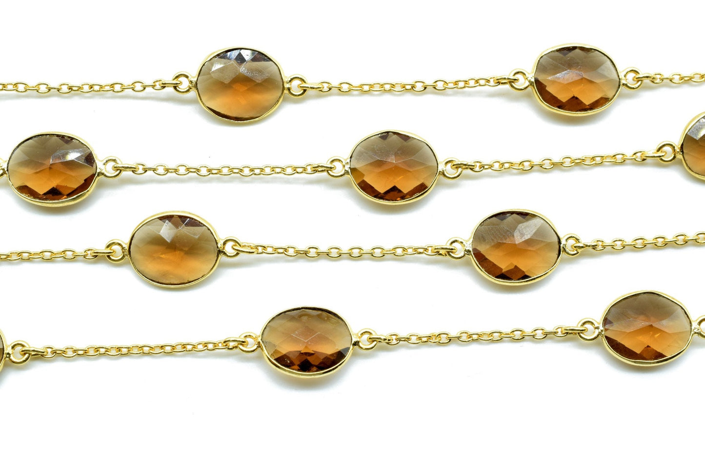 Smoky Quartz Gold Plated Bezel Chain Gemstone Connector, Oval Necklace Chain,Bezel Connector Chain,Selling Per Foot,Jewelry making chains