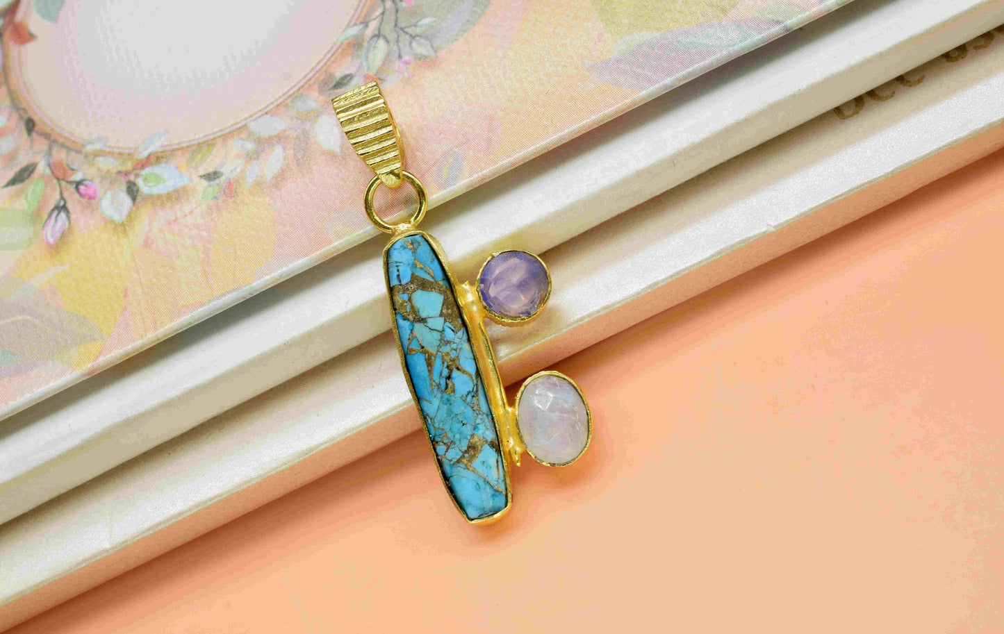 Multi Gemstone Pendant,Copper Turquoise 6x25mm Rectangle Shape Pendant,Moonstone Pendant,Single Bail Pendant,Opalite Gemstone Pendant,Gift
