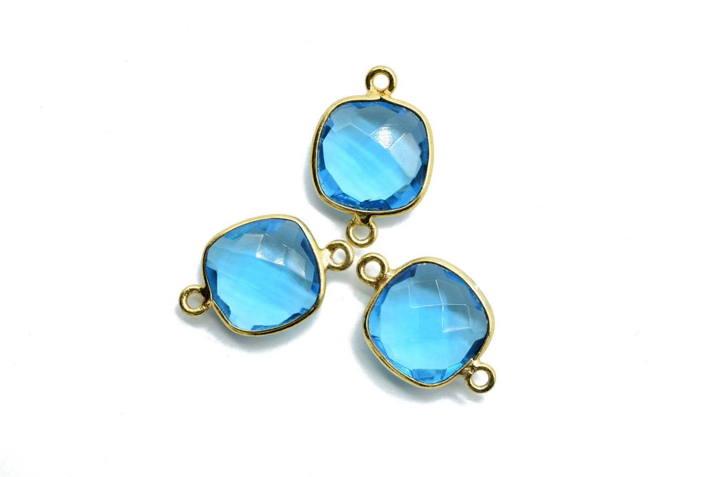 London Blue Topaz 12mm Cushion Shape Charms,Gold Plated Double Bail Gemstone Connector,Faceted Cushion Shape Gemstone Bezel,Cushion Charms