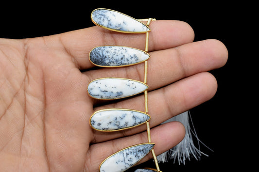 Dendrite Opal 10x30mm drilled Bezel charms ,Brass Gold Plated bezel,Teardrop Light Gold Bezel Trim Edge Faceted Gemstone,bezel strand
