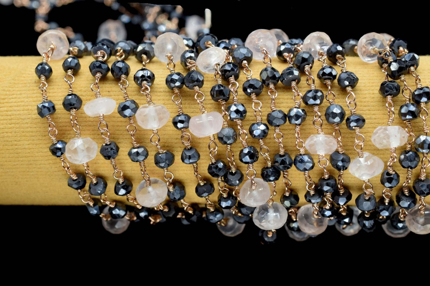4 mm Black onyx  Rosary Chain,rose quartz Faceted Beaded Chain,Wire Wrapped gold Plated Chain,bigger size beaded ,rosary ,dual gemstone,boho