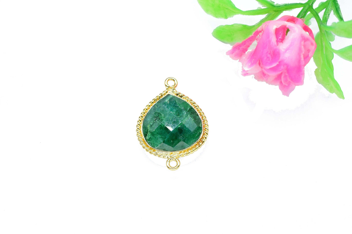 Emerald Faceted Handmade Connectors Jewelry,Emerald Double Bail Bezel Pendant Jewelry,Emerald Gemstone 14mm Heart Shape Bezels Charms,Gift