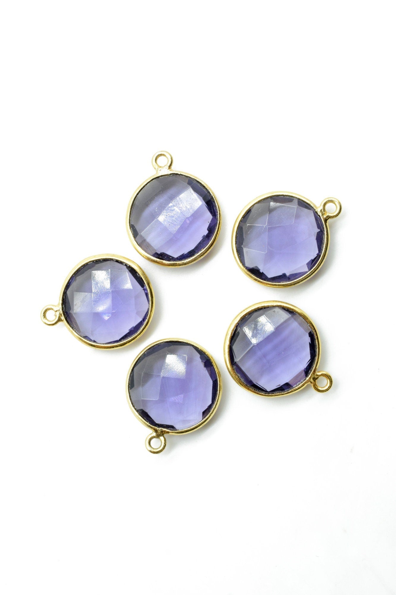 Amethyst 14mm Round Connectors,Brass Gold Plated bezel,Amethyst single Bail Pendant,February Birthstone Coin Links,Jewelry Making Findings