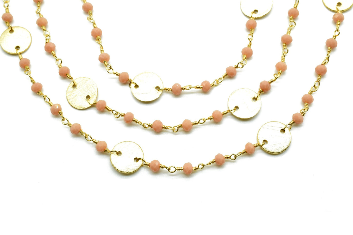 Peach Agate 3mm Beaded Chain,Peach Agate Rosary Chains,Peach Agate Gold Plating Wire Wrap Chain,Brass chain Jewelry,circle charms chain,