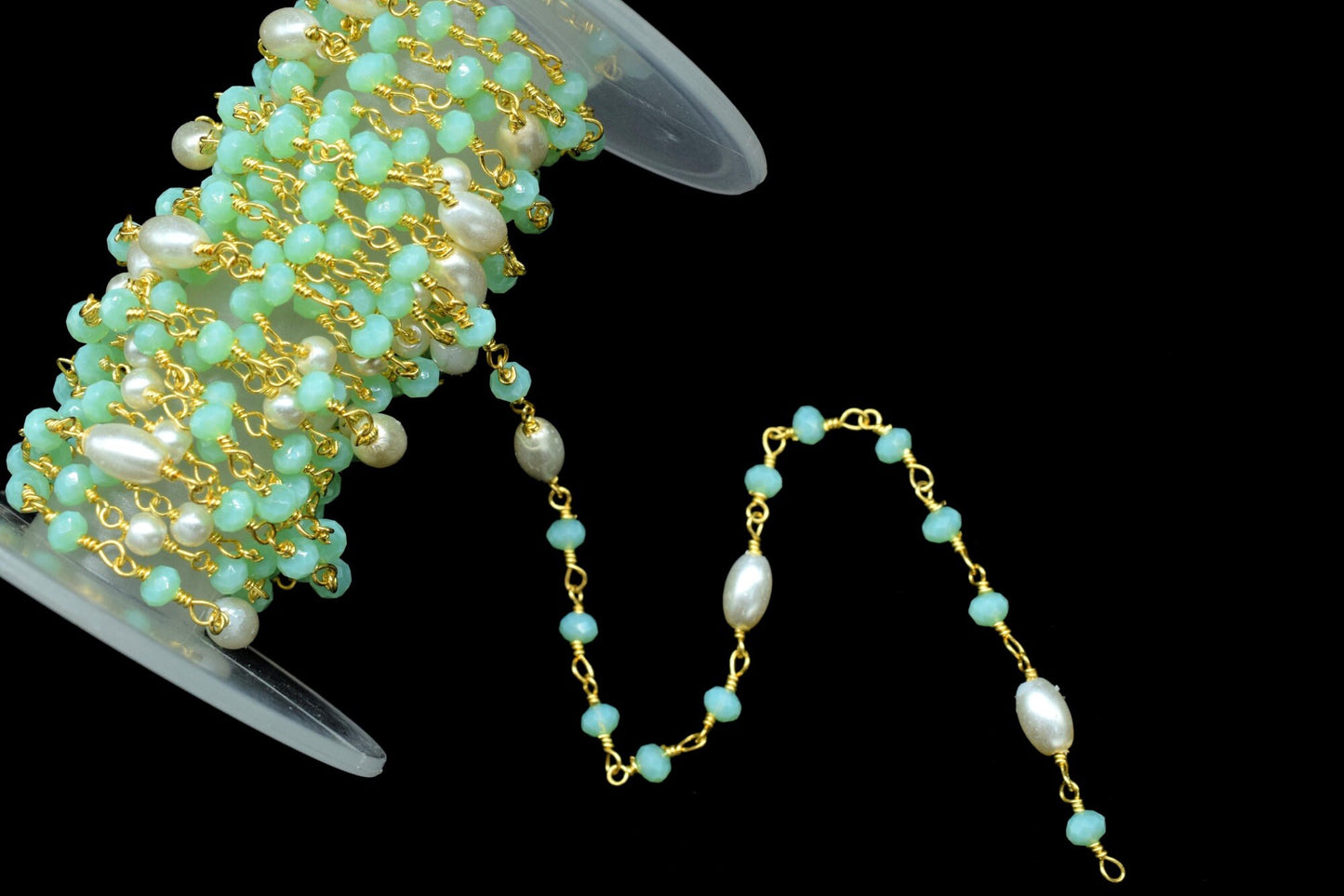 Aqua Chalcedony Hydro Faceted Rondelle Beaded Rosary Chain,Gold Plated Rosary Chain,Finding Wire Wrap Necklace Chain,Pearl Rosary Chain Gift