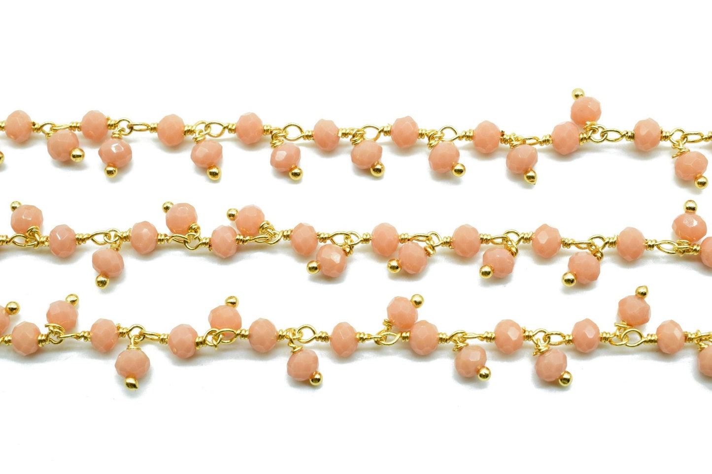 Peach Moonstone Cluster Beaded Chain, Gold Plated wire wrapped Rosary Chain,Dangling Faceted Wire Wrapped Beaded Chain,Soldby Foot Wholesale