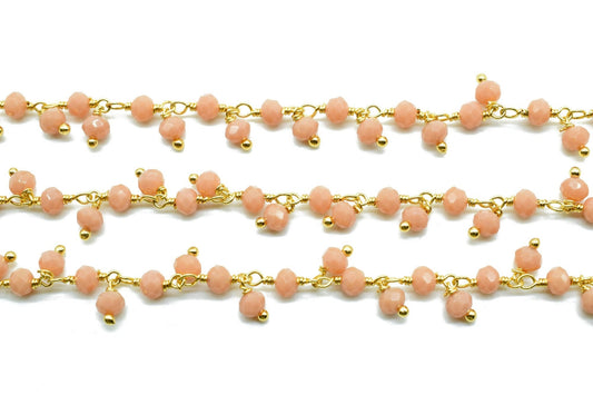 Peach Moonstone Cluster Beaded Chain, Gold Plated wire wrapped Rosary Chain,Dangling Faceted Wire Wrapped Beaded Chain,Soldby Foot Wholesale