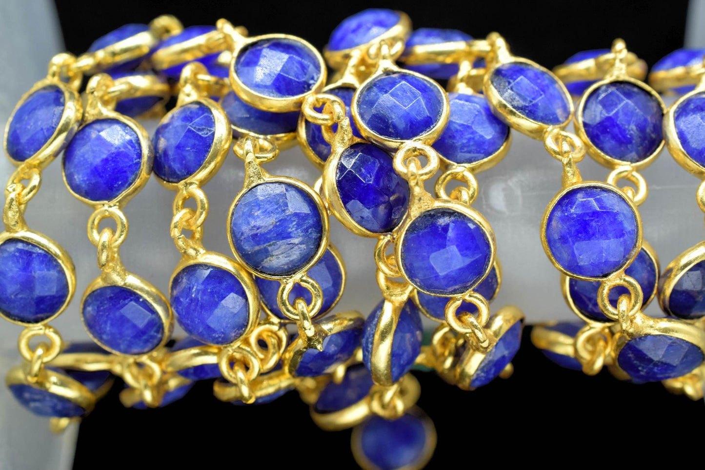 Blue Sapphire Faceted Bezel Connector,Finding Round Bezel Chain,handmade Jewelry Chain,Station Link Chain,Sapphire Round Bead Chain necklace