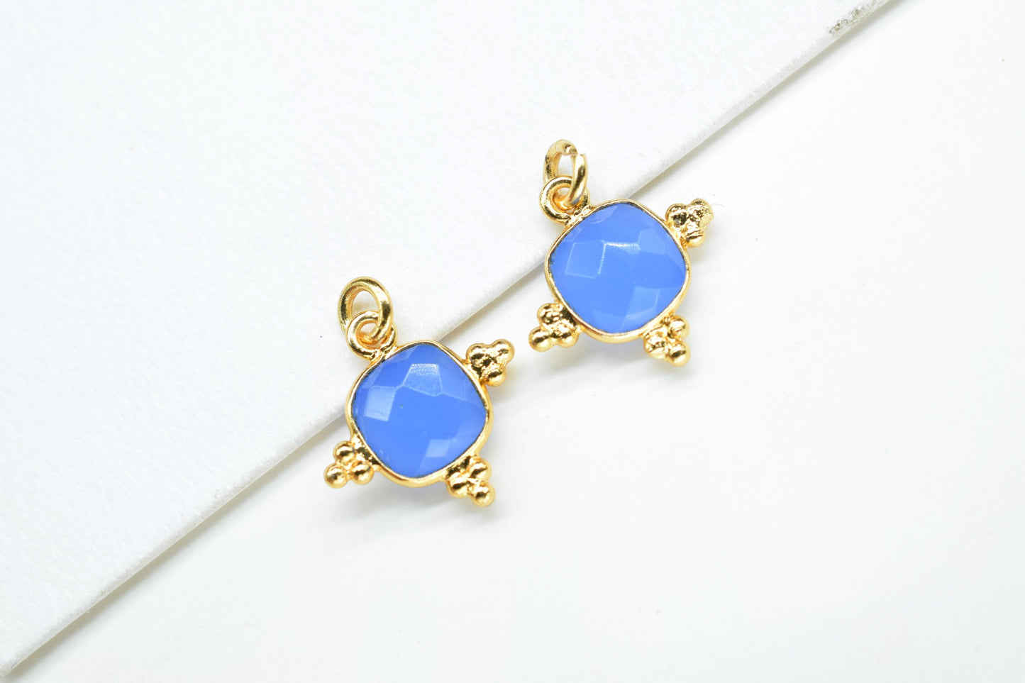 Blue Chalcedony 8mm Cushion Bezel charm/Station Bezel Link Supplies/Blue Jewelry Making/Square Pendant/Gemstone Connector Pendant,B'day Gift