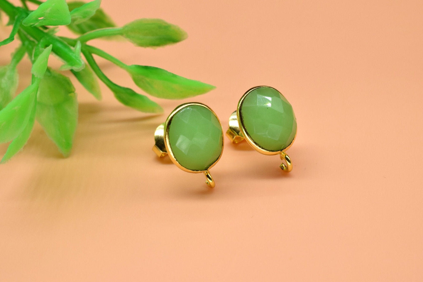 Chrysoprase 8x10mm oval Earring Connector,Jewelry,bezel frame Connector, Post Studs Connectors,Chrysoprase Ear Studs,Oval Earring Connector