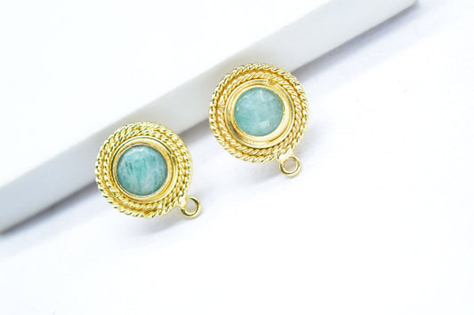 Amazonite Gemstone Earring/Amazonite Round Earring/Designer Bezel Earring/Gold Plated Jewelry/Handmade Jewelry/Earring Connector/Gift