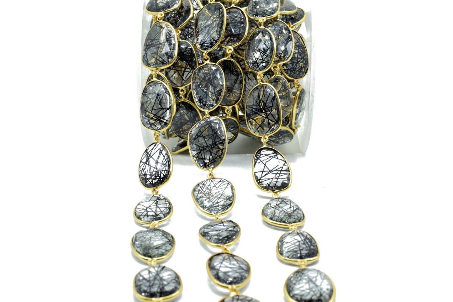 Black Rutile Gold plated Bezel Connector Chain,Black Rutile Faceted Bezel Link Chain,Black Rutile Free form bezel connector chain,jewelry