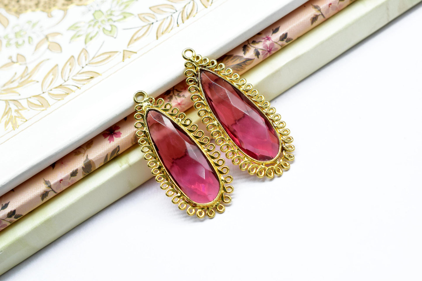 Pink Tourmaline 10x30mm Teardrop Bezel Charm,Single Bail Pendant,Handmade Jewellery Connectors,Gemstone Brass Component,Handmade Connector