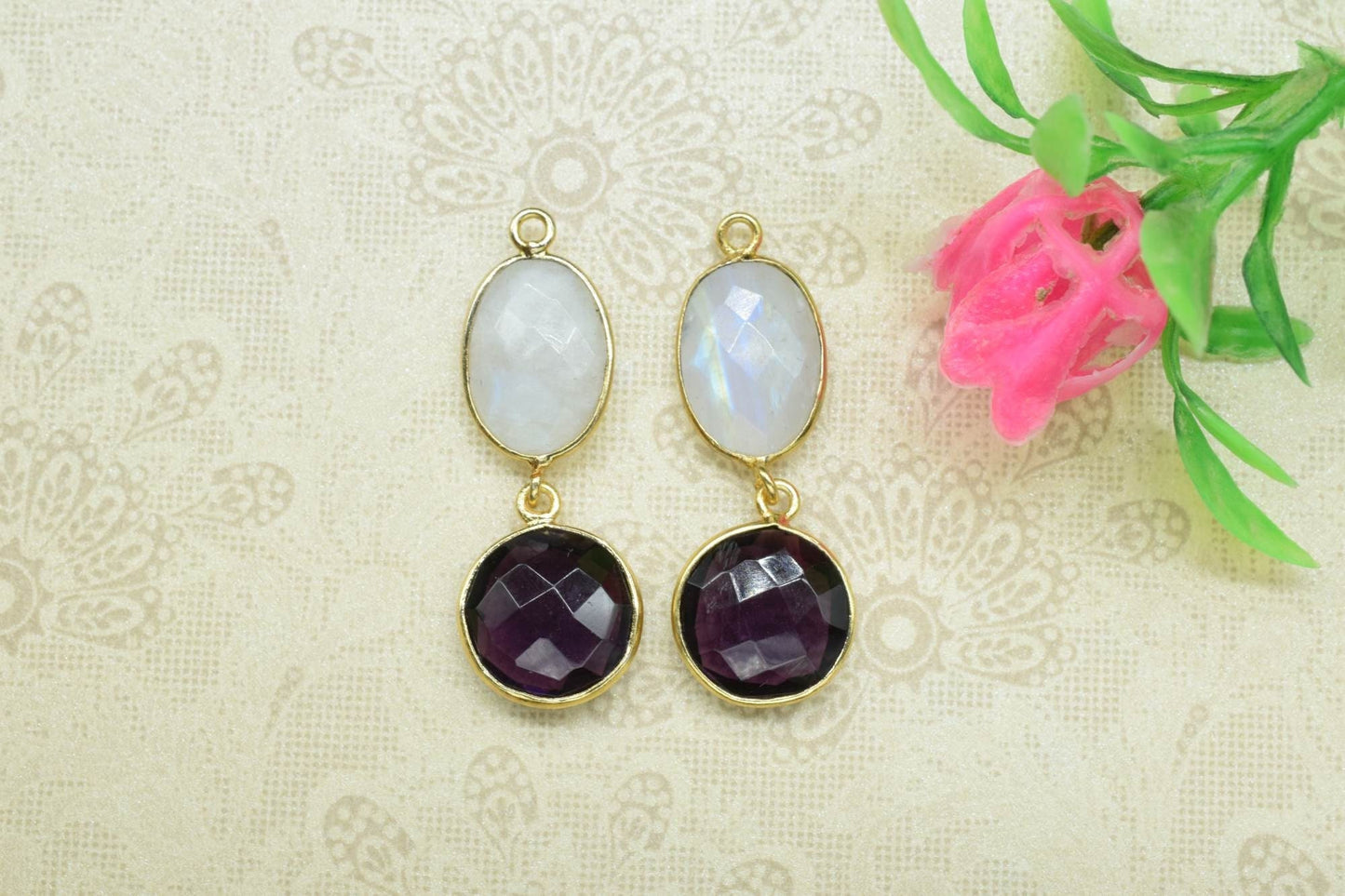 Multi Stone Pendant Charm,Station Bezel Link,Amethyst Pendant Charm,Mixed Gemstone Jewelry,Rainbow Earring Connector,Handmade Connector,Gift