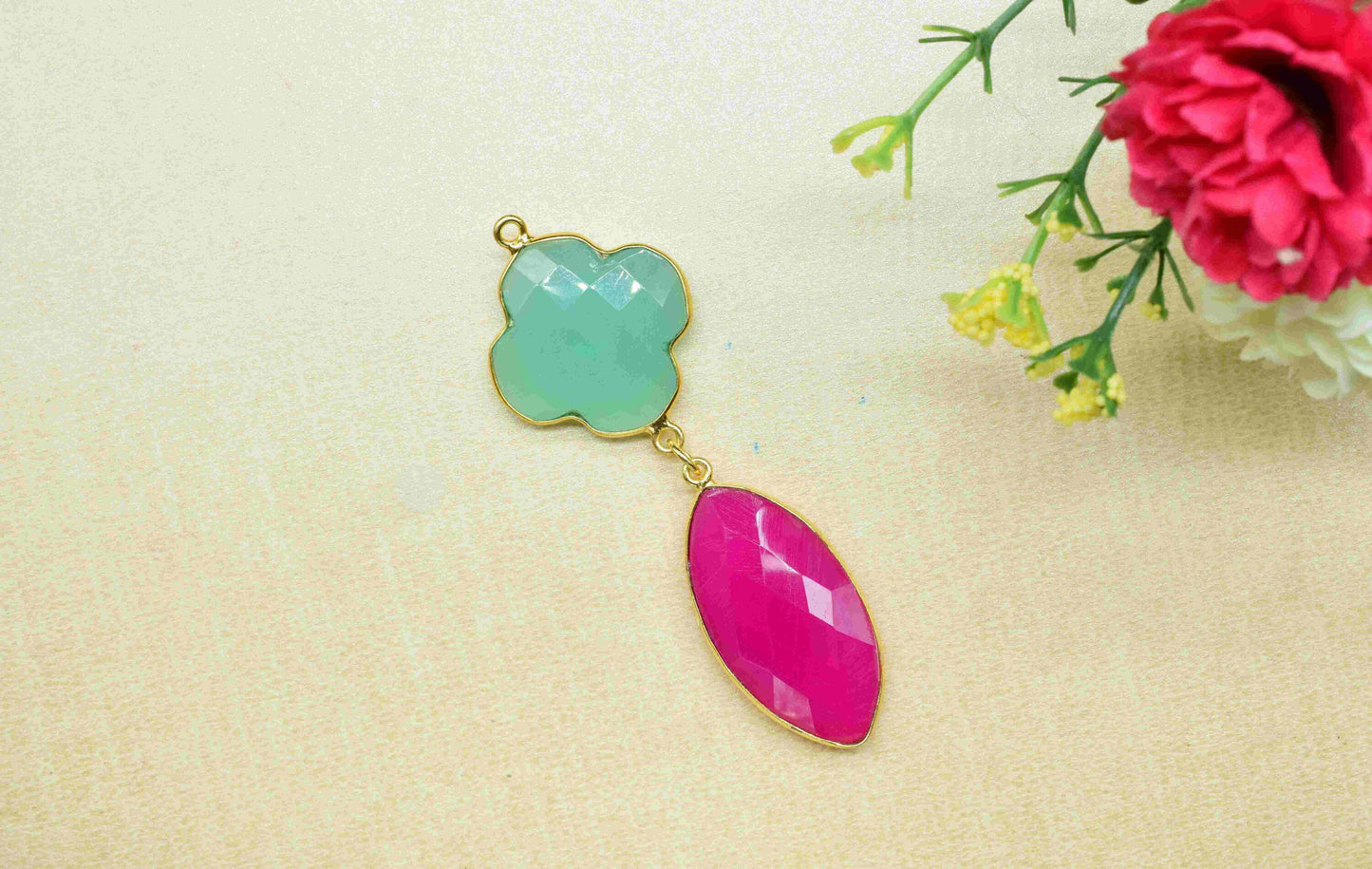 Aqua Quartz  Component pendants,Multi Stone Dangle Earrings,Clover  Shape Pendant Jewelry,Dangle pendant Charms,pink Gemstone Connector,gift