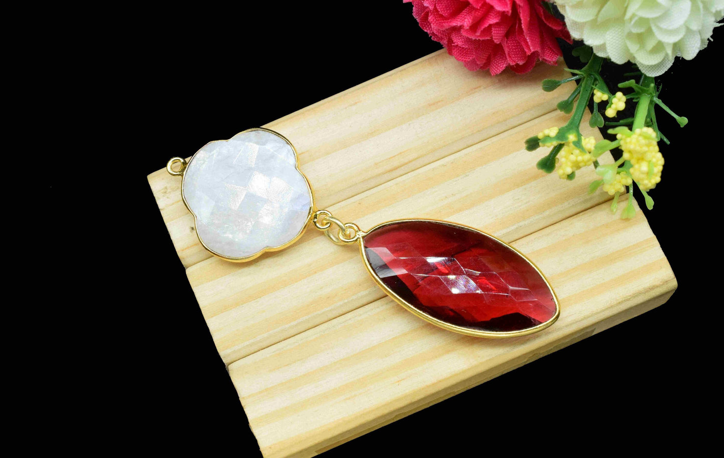 Pink Tourmaline +  Moonstone Component Pendants ,Multi Stone Dangle Earrings ,Earring Component Jewelry ,Dangle pendant Charms,B'day Gift