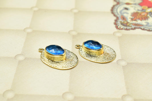 Blue Topaz Pendant Charms,Finding Oval Gemstone Component,Handmade Connector,Matt Pendant Charm,Gift