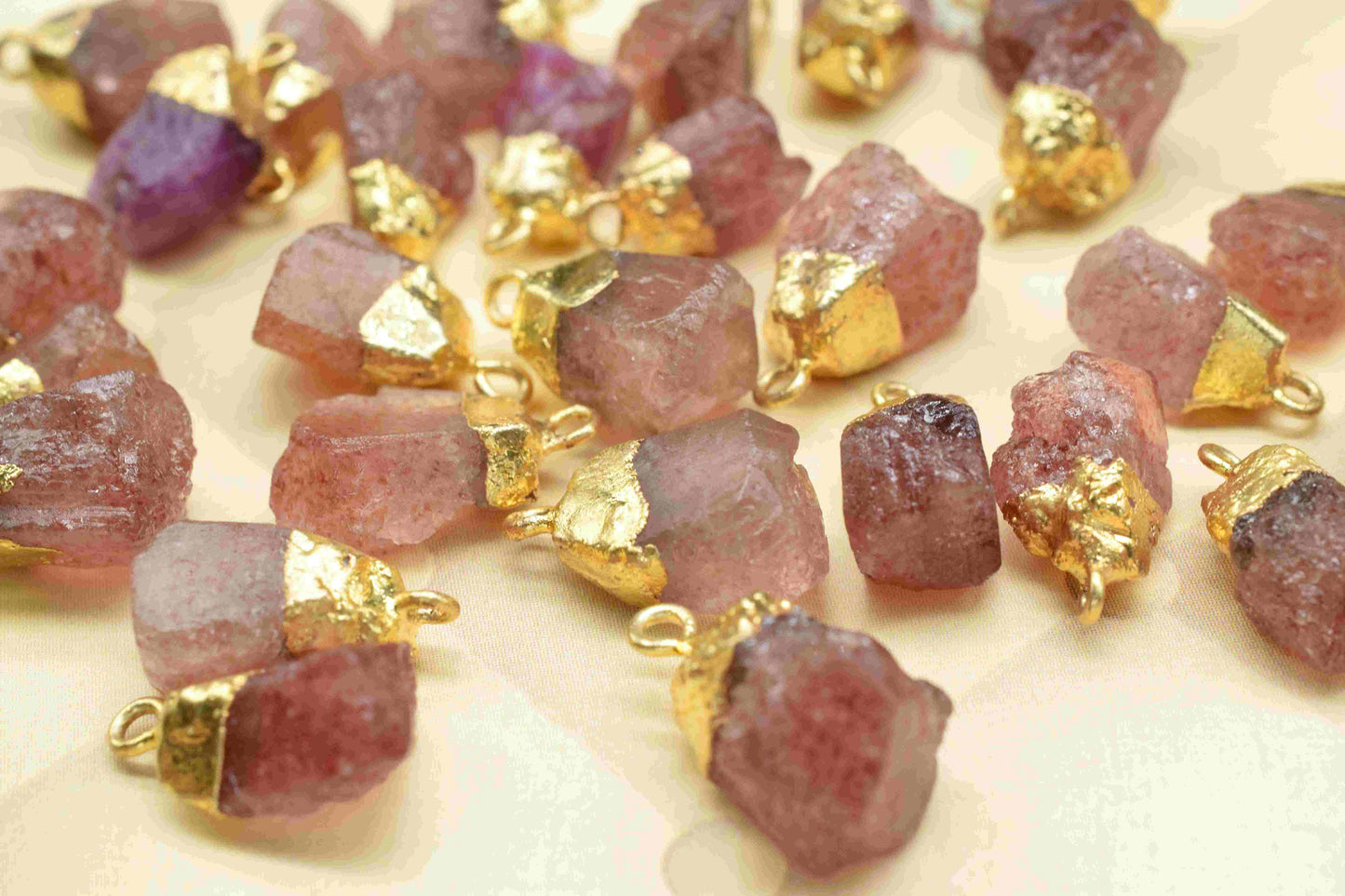 Pink Strawberry Rough Stone Pendant,Strawberry Gemstone Connector,Pink Strawberry Gemstone Pendant Jewelry,Strawberry Electroplated Pendant