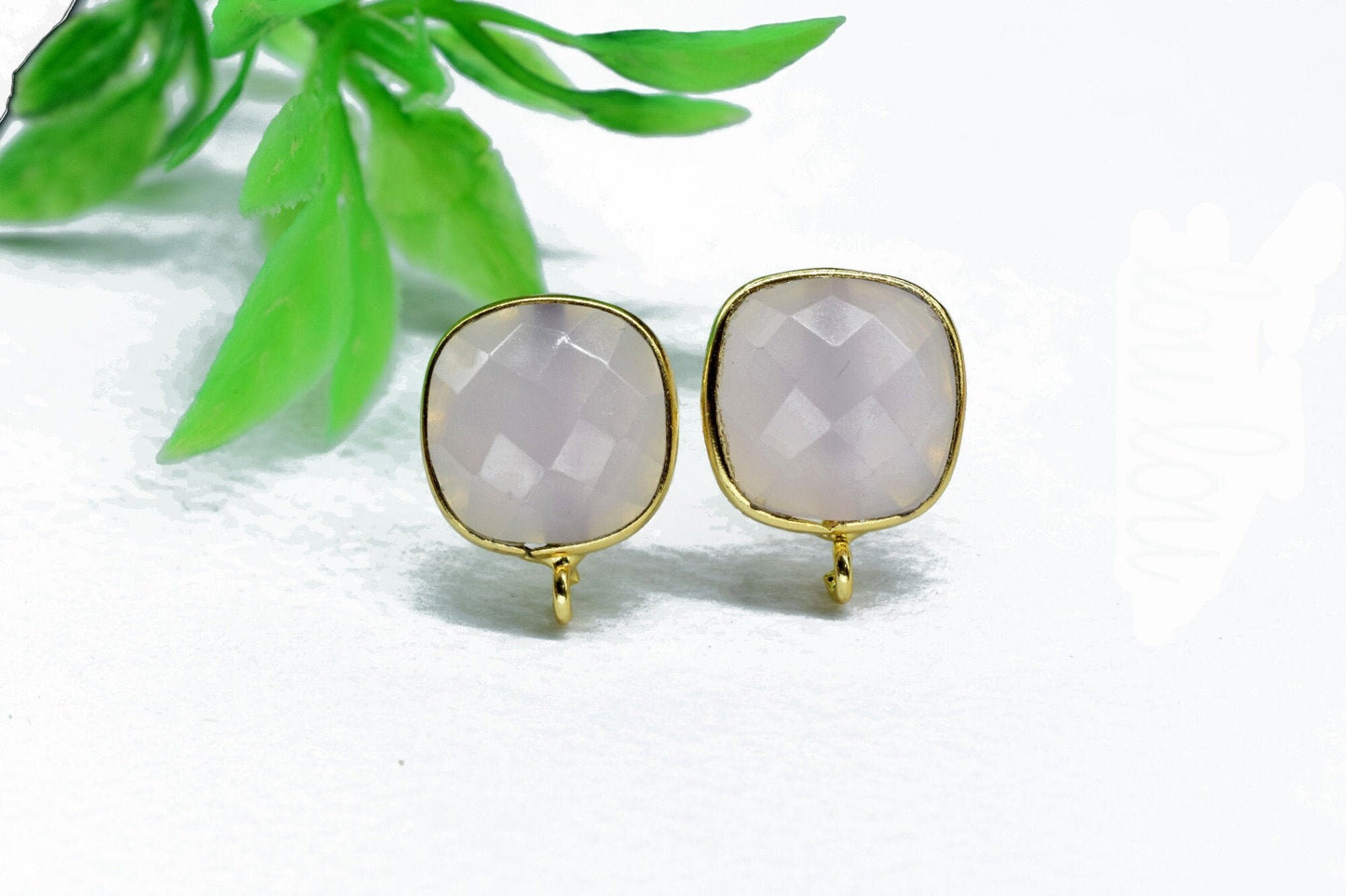 Rose Quartz 12mm cushion Earring Connector,Jewelry Making Supplies,Earring connectors post stud, Jewelry,Jewelry Finding,Gold Plated Earring