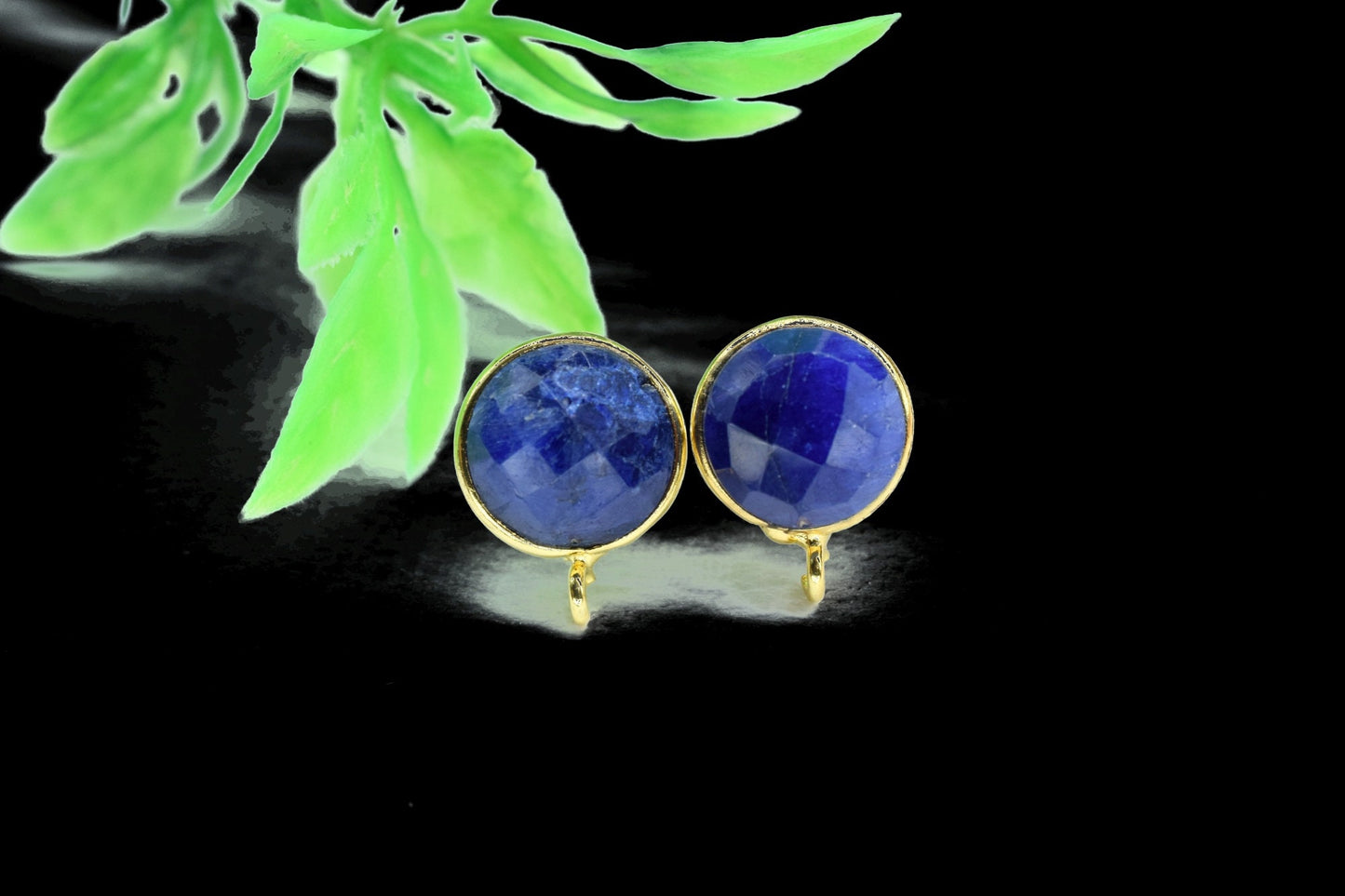 Blue Sapphire 10mm round Earring Connector,DIY Jewelry Making,Blue Sapphire post studs,Gold Plated Earring Connector,Gemstone Link Connector
