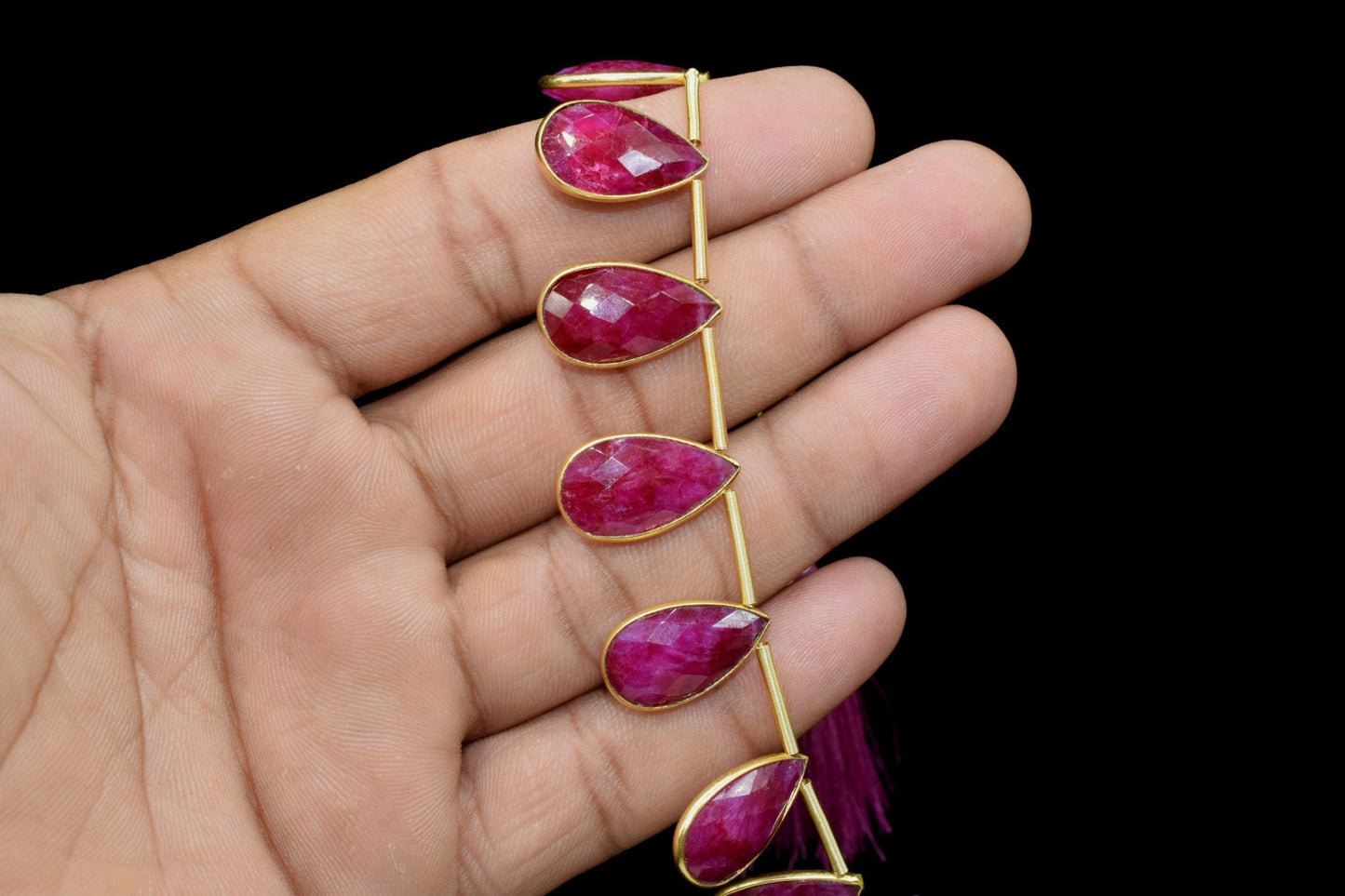 Ruby Side to Side Drilled chrams,Faceted Teardrop Gold Bezel Rim,pendant,earring findings,Ruby connector,Brass Frame Gemstone drill bezel