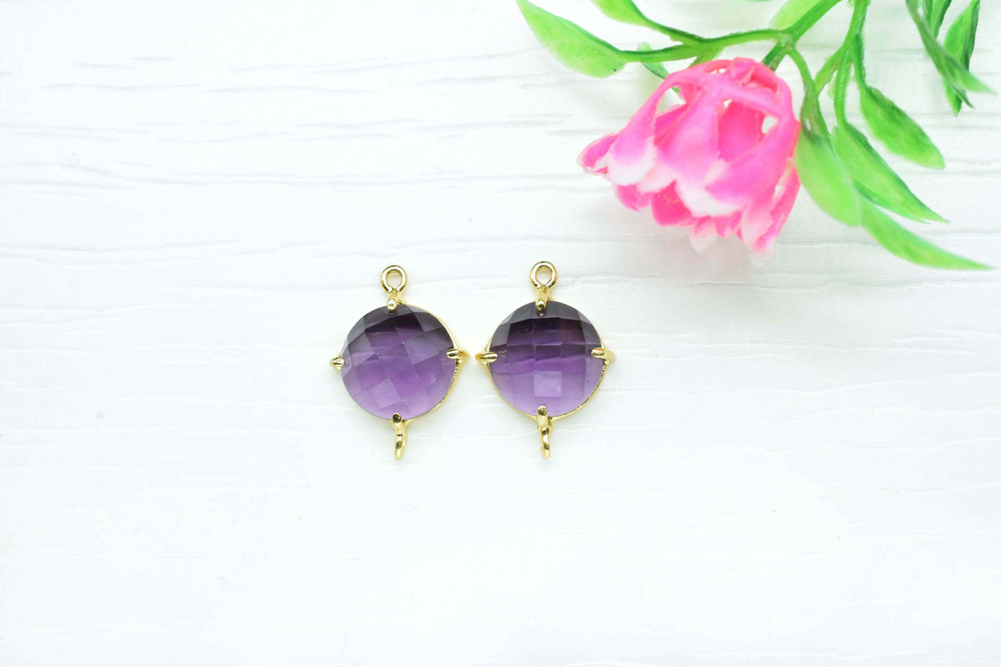 Amethyst Gemstone 12mm Round Shape Connector,Amethyst Gold Plating Component Jewelry,Amethyst Double Loop Gemstone Connector Jewelry Making
