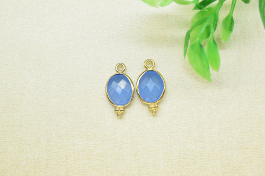 Blue Chalcedony Quartz Faceted 8x10mm Oval Shape Connector,Blue chalcedony Single bail component,Blue Chalcedony Gold Plated Bezel Connector