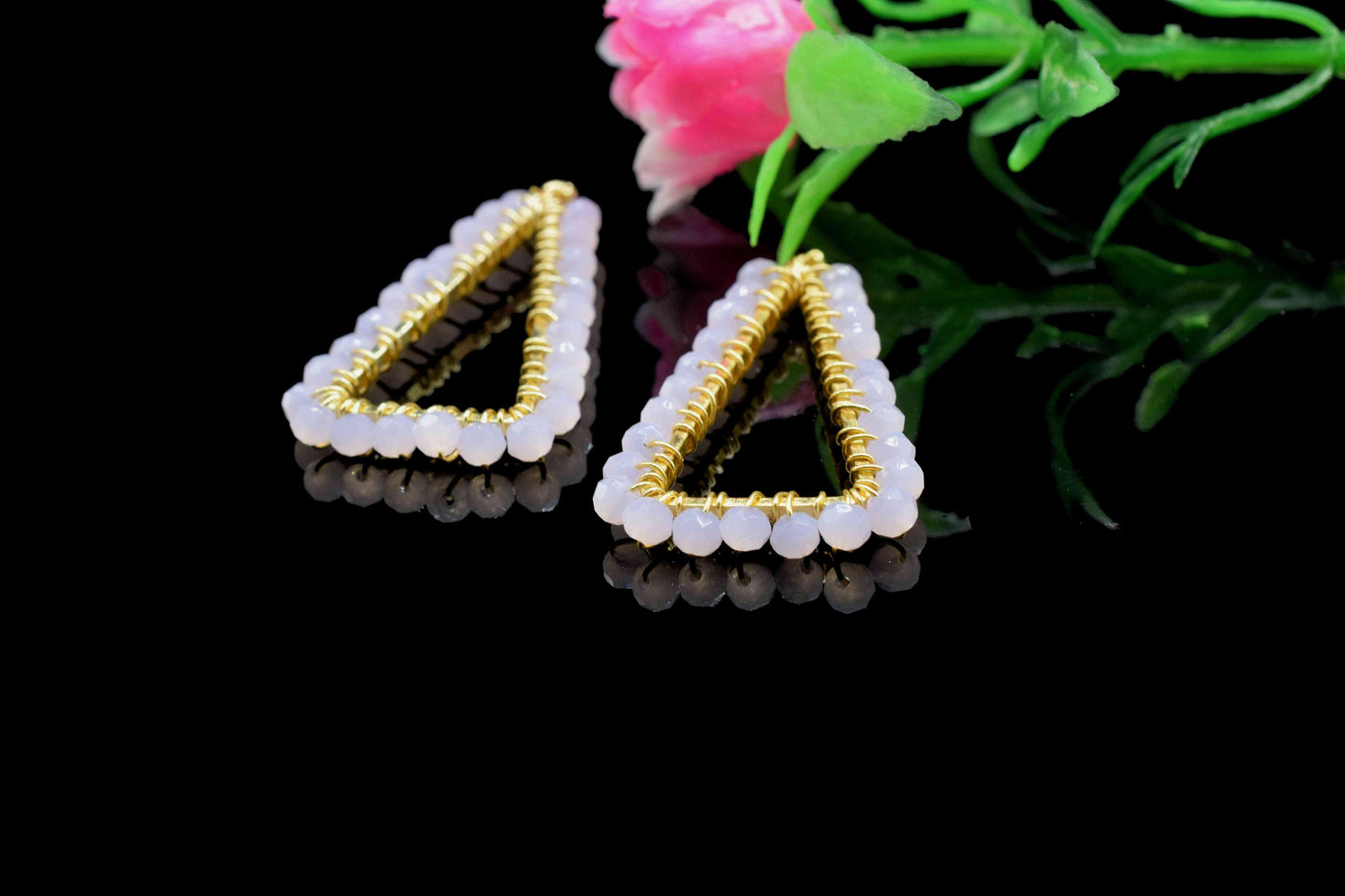 Pink Chalcedony Wire Wrapped Triangle Shape Earrings,Gemstone Component,Handmade Connector,Finding Necklace,Component Jewelry,Connector,Gift