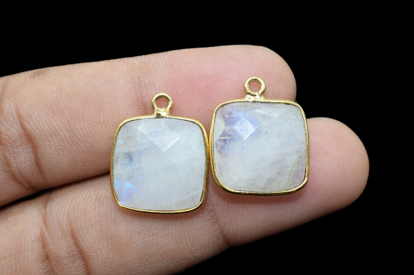 Moonstone 14mm Cushion Bezel charm,Elegant Moonstone Gemstone Components Cushion Shape Connectors,Single Bail Over Brass Gold Edge Jewelry