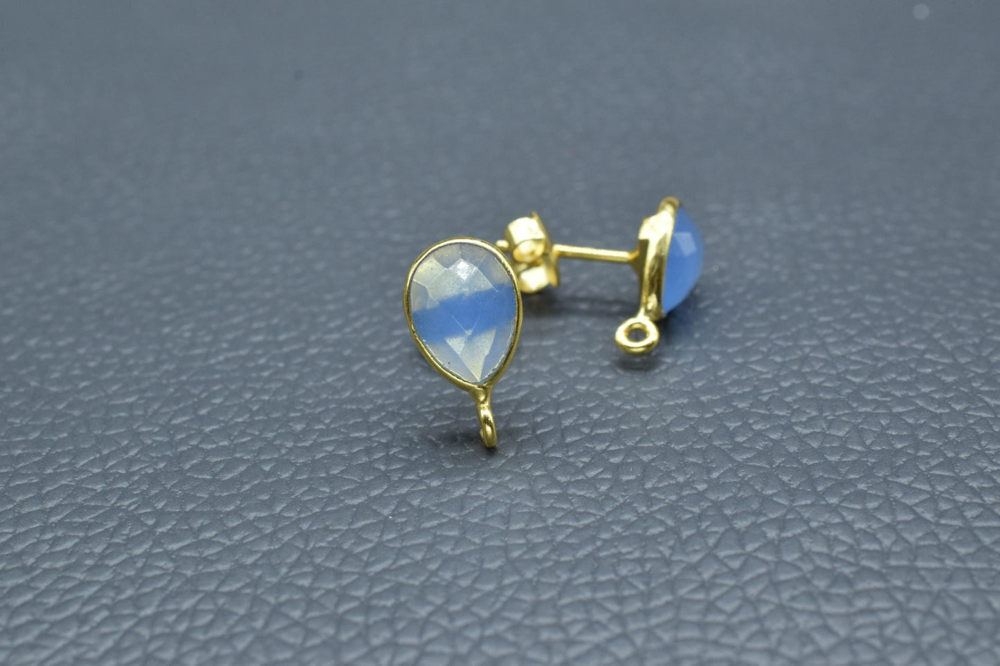 Blue Chalcedony 7x10mm Teardrop shape Earring connector Stud post setting with loop open bail, Blue Chalcedony Gold Plated Earring With Loop