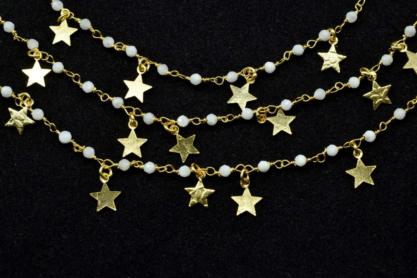 Moonstone 2mm Beaded & Star Charm Chain,Moonstone Rosary Chains,Moonstone Gold Plating Wire Wrap Chain,Brass chain,Jewelry Making Chains