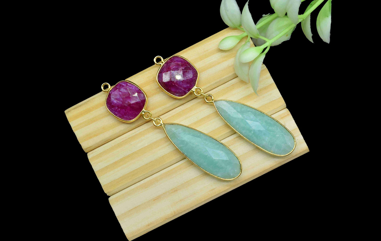 Multi Gemstone Dangle pendant Charms,Amazonite pendant Connector,Ruby Dangle Earring,Handmade pendant,Station Bezel Link,Component jewelry