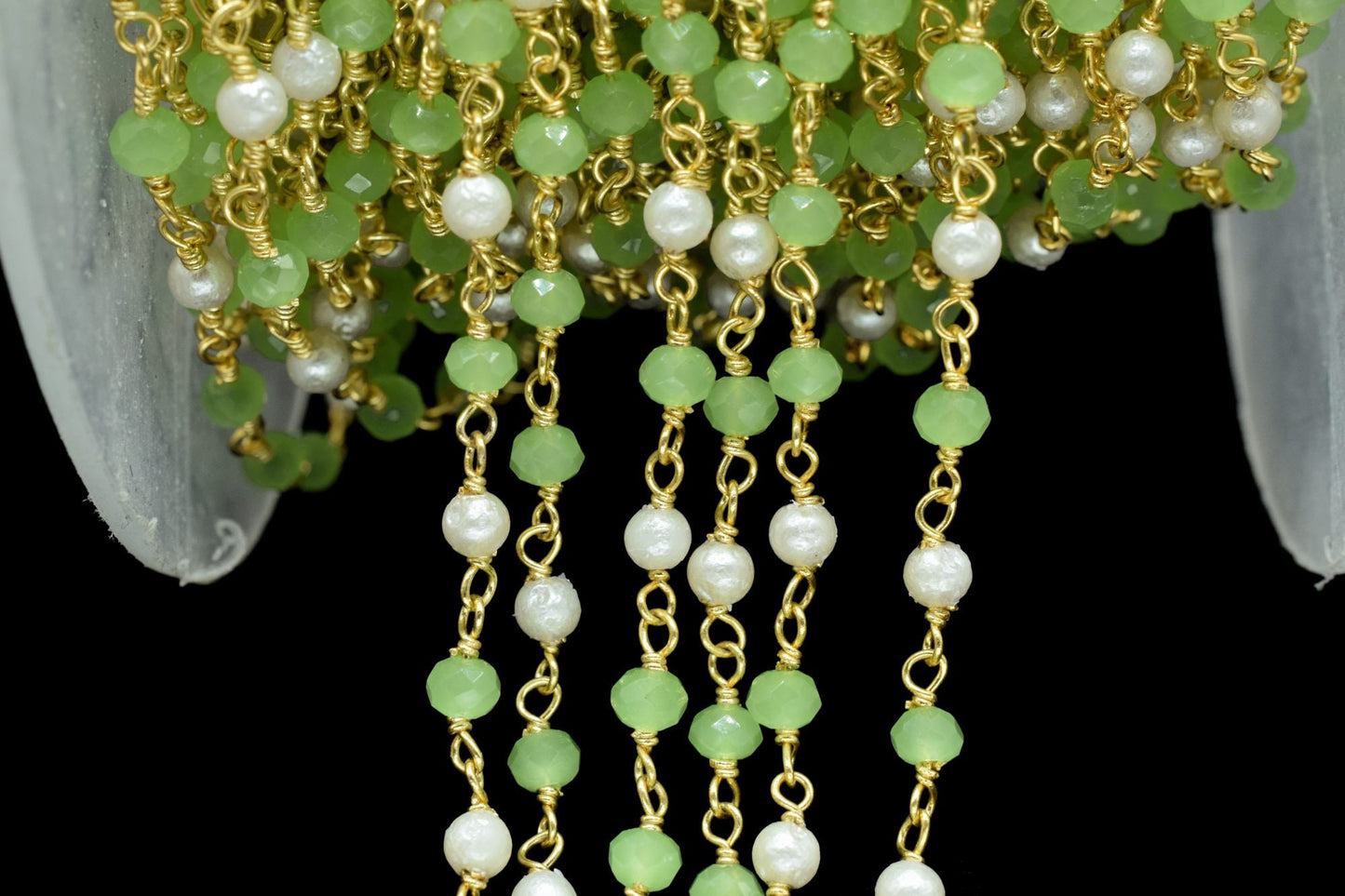 Prehnite Faceted Beads Rosary Chain,Gold Plated Wire wrapped Beaded Chain,Gemstone Beads Rosary Chain,Pearl Rosary Chain,Wire Wrapped Beads