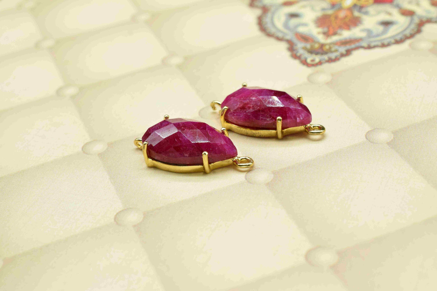 Natural Ruby Connector,Ruby jewelry meking,Prong Set Bezel Pendant,12x20mm Teardrop Bezel,double bail connectors,Handmade Gemstone Bezel