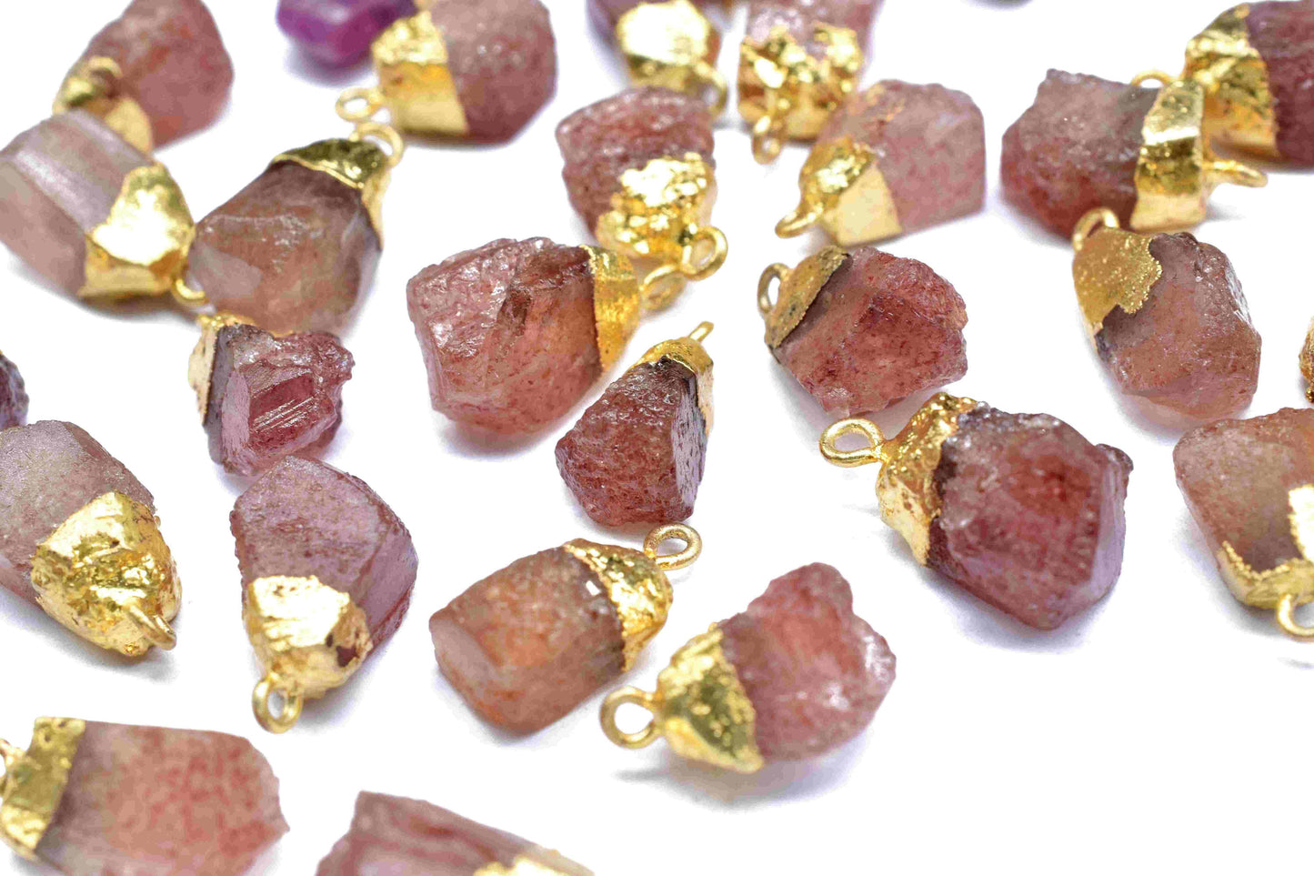 Pink Strawberry Rough Stone Pendant,Strawberry Gemstone Connector,Pink Strawberry Gemstone Pendant Jewelry,Strawberry Electroplated Pendant